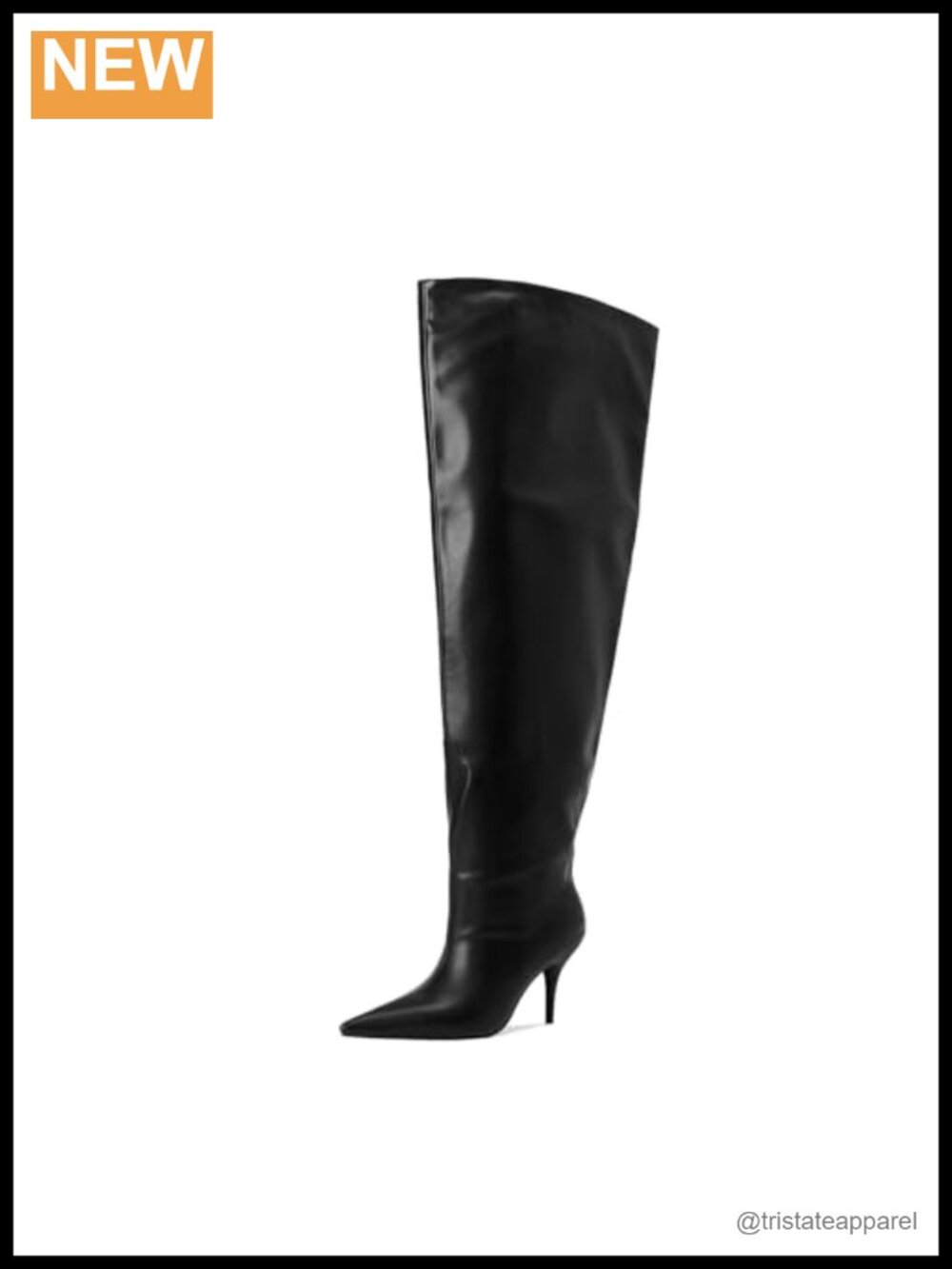 Faux Leather Thigh High Heeled Boots, Wide Calf, Pointed Toe, Pull-On, 3.5" Heel